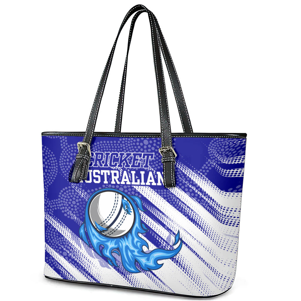 Cricket Australian Leather Tote Bag Blue Fire Ball Graphic With Aboriginal Dot Art Style