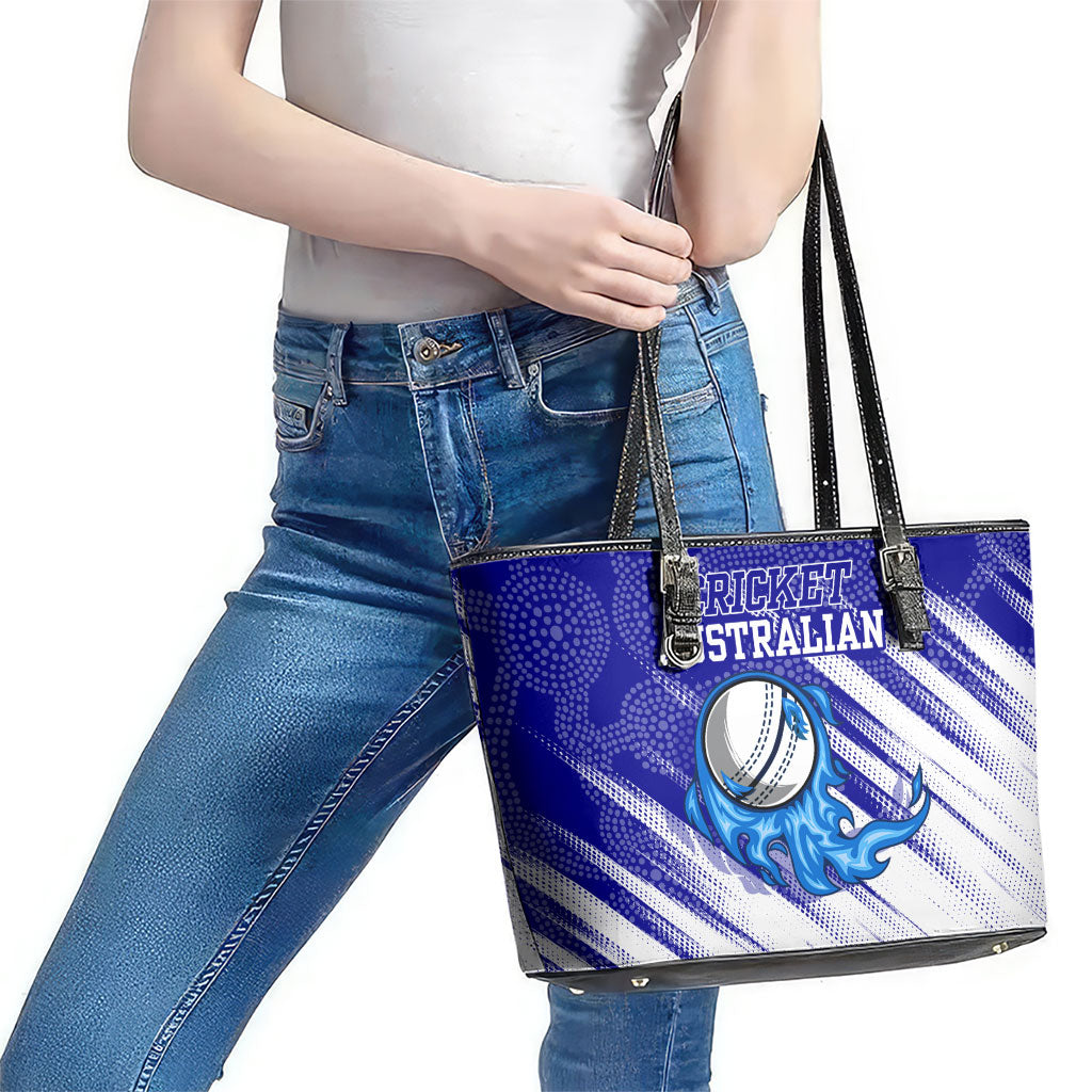 Cricket Australian Leather Tote Bag Blue Fire Ball Graphic With Aboriginal Dot Art Style