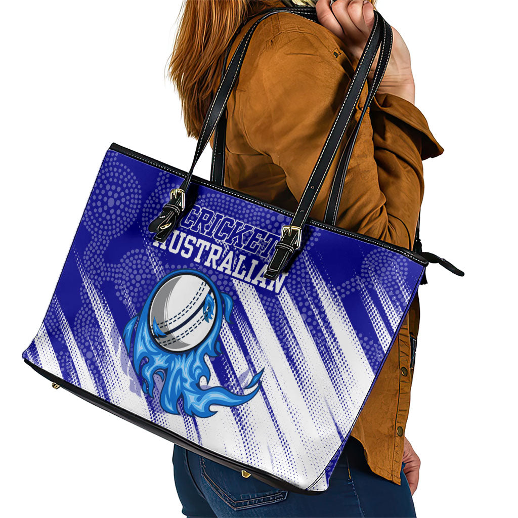 Cricket Australian Leather Tote Bag Blue Fire Ball Graphic With Aboriginal Dot Art Style
