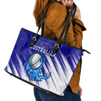 Cricket Australian Leather Tote Bag Blue Fire Ball Graphic With Aboriginal Dot Art Style