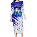 Cricket Australian Long Sleeve Bodycon Dress Blue Fire Ball Graphic With Aboriginal Dot Art Style