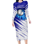 Cricket Australian Long Sleeve Bodycon Dress Blue Fire Ball Graphic With Aboriginal Dot Art Style
