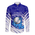 Cricket Australian Long Sleeve Button Shirt Blue Fire Ball Graphic With Aboriginal Dot Art Style