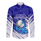 Cricket Australian Long Sleeve Button Shirt Blue Fire Ball Graphic With Aboriginal Dot Art Style