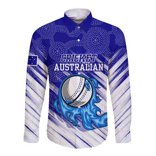 Cricket Australian Long Sleeve Button Shirt Blue Fire Ball Graphic With Aboriginal Dot Art Style