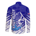 Cricket Australian Long Sleeve Button Shirt Blue Fire Ball Graphic With Aboriginal Dot Art Style