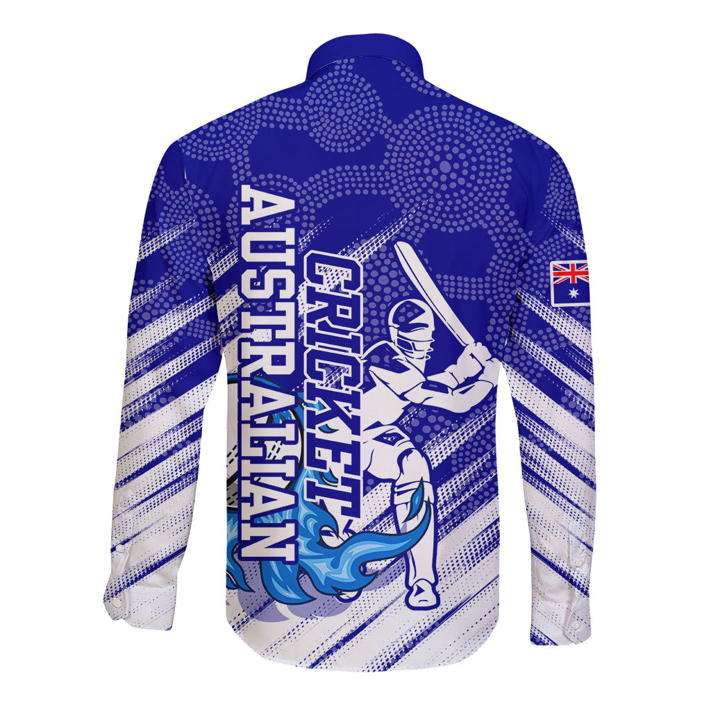 Cricket Australian Long Sleeve Button Shirt Blue Fire Ball Graphic With Aboriginal Dot Art Style