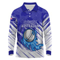 Cricket Australian Long Sleeve Polo Shirt Blue Fire Ball Graphic With Aboriginal Dot Art Style