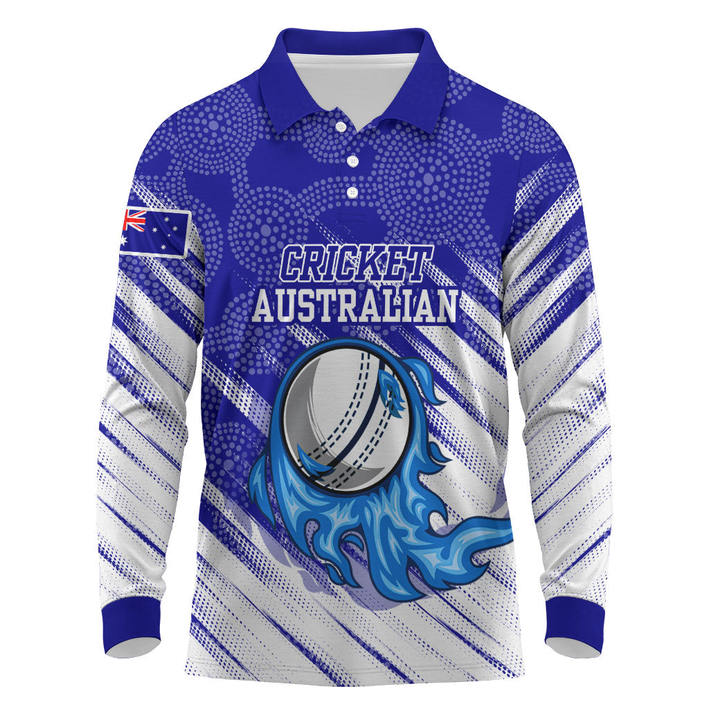 Cricket Australian Long Sleeve Polo Shirt Blue Fire Ball Graphic With Aboriginal Dot Art Style