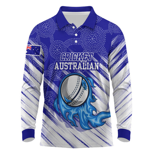 Cricket Australian Long Sleeve Polo Shirt Blue Fire Ball Graphic With Aboriginal Dot Art Style
