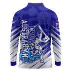 Cricket Australian Long Sleeve Polo Shirt Blue Fire Ball Graphic With Aboriginal Dot Art Style