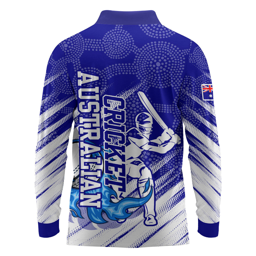 Cricket Australian Long Sleeve Polo Shirt Blue Fire Ball Graphic With Aboriginal Dot Art Style