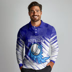 Cricket Australian Long Sleeve Polo Shirt Blue Fire Ball Graphic With Aboriginal Dot Art Style