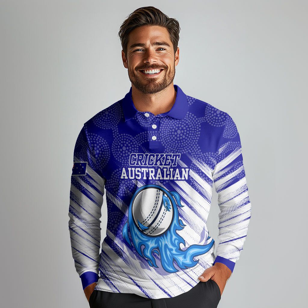 Cricket Australian Long Sleeve Polo Shirt Blue Fire Ball Graphic With Aboriginal Dot Art Style