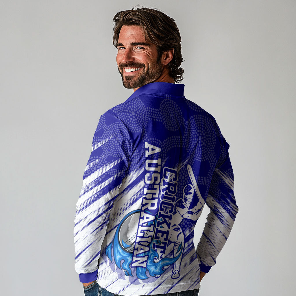 Cricket Australian Long Sleeve Polo Shirt Blue Fire Ball Graphic With Aboriginal Dot Art Style