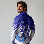 Cricket Australian Long Sleeve Polo Shirt Blue Fire Ball Graphic With Aboriginal Dot Art Style