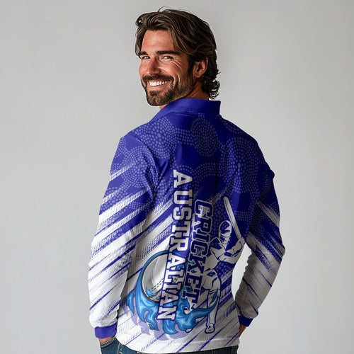 Cricket Australian Long Sleeve Polo Shirt Blue Fire Ball Graphic With Aboriginal Dot Art Style
