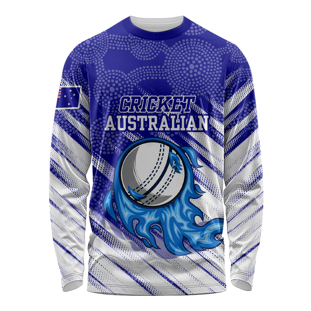 Cricket Australian Long Sleeve Shirt Blue Fire Ball Graphic With Aboriginal Dot Art Style