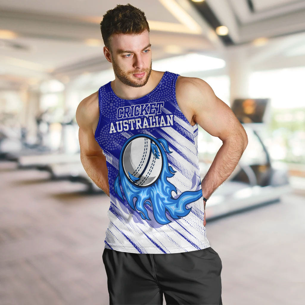 Cricket Australian Men Tank Top Blue Fire Ball Graphic With Aboriginal Dot Art Style