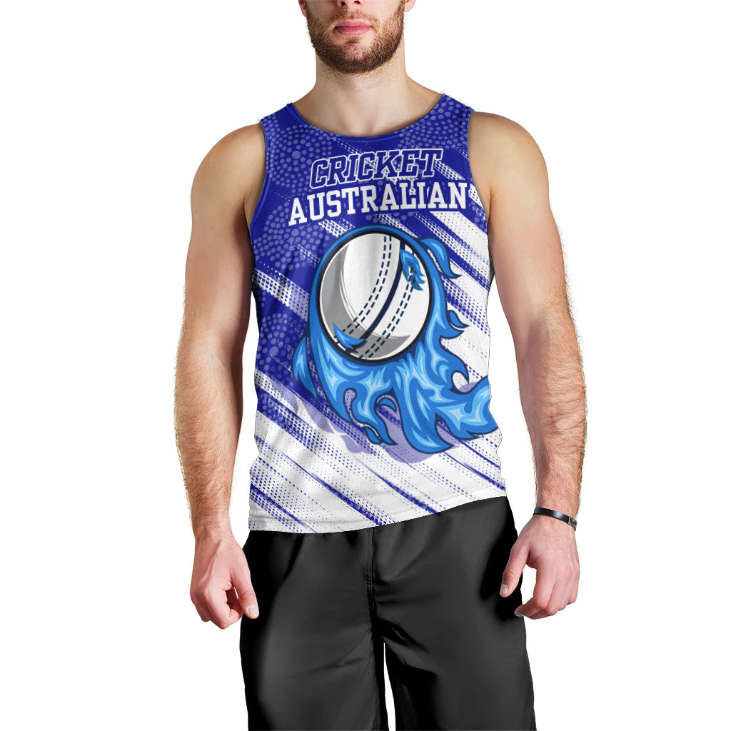 Cricket Australian Men Tank Top Blue Fire Ball Graphic With Aboriginal Dot Art Style