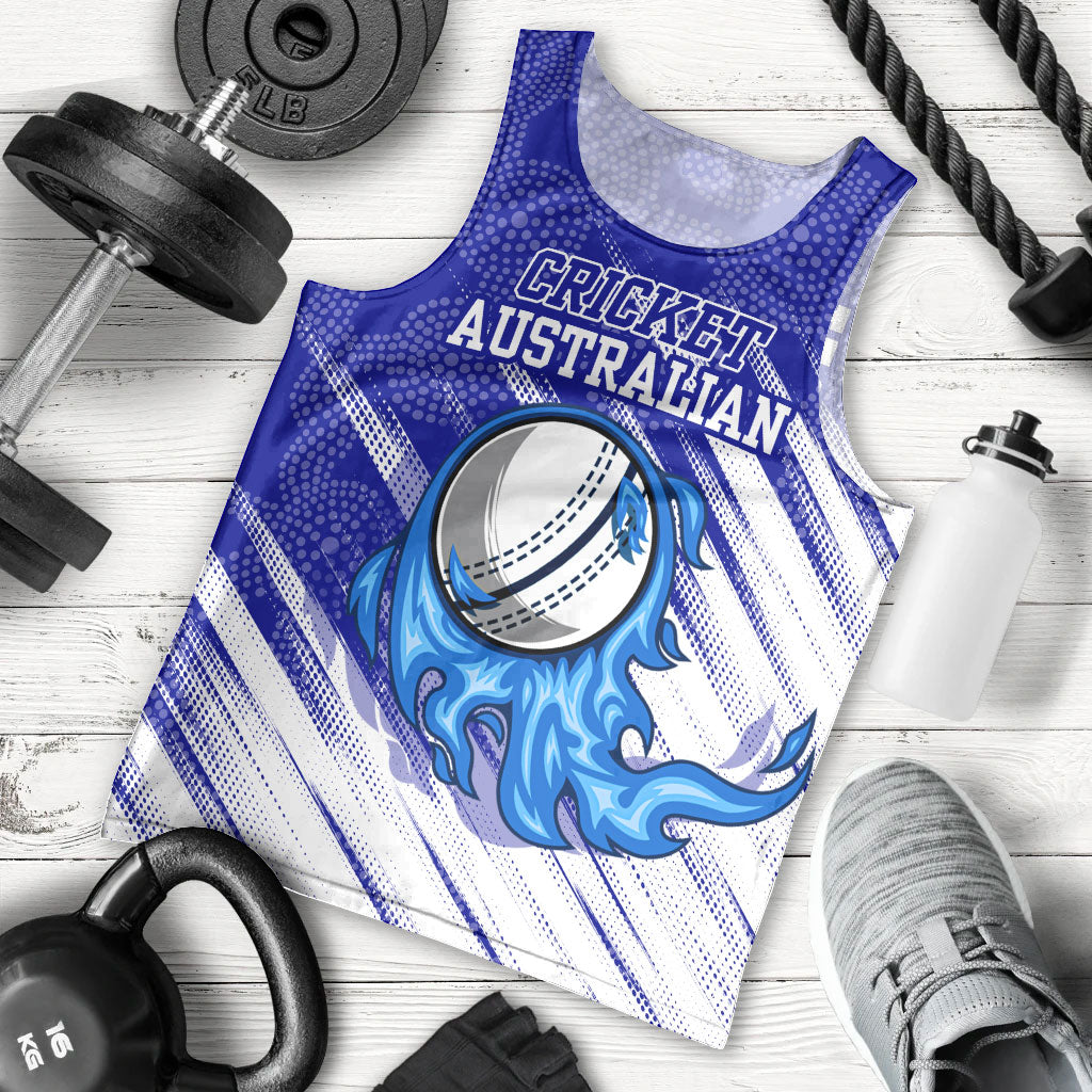 Cricket Australian Men Tank Top Blue Fire Ball Graphic With Aboriginal Dot Art Style