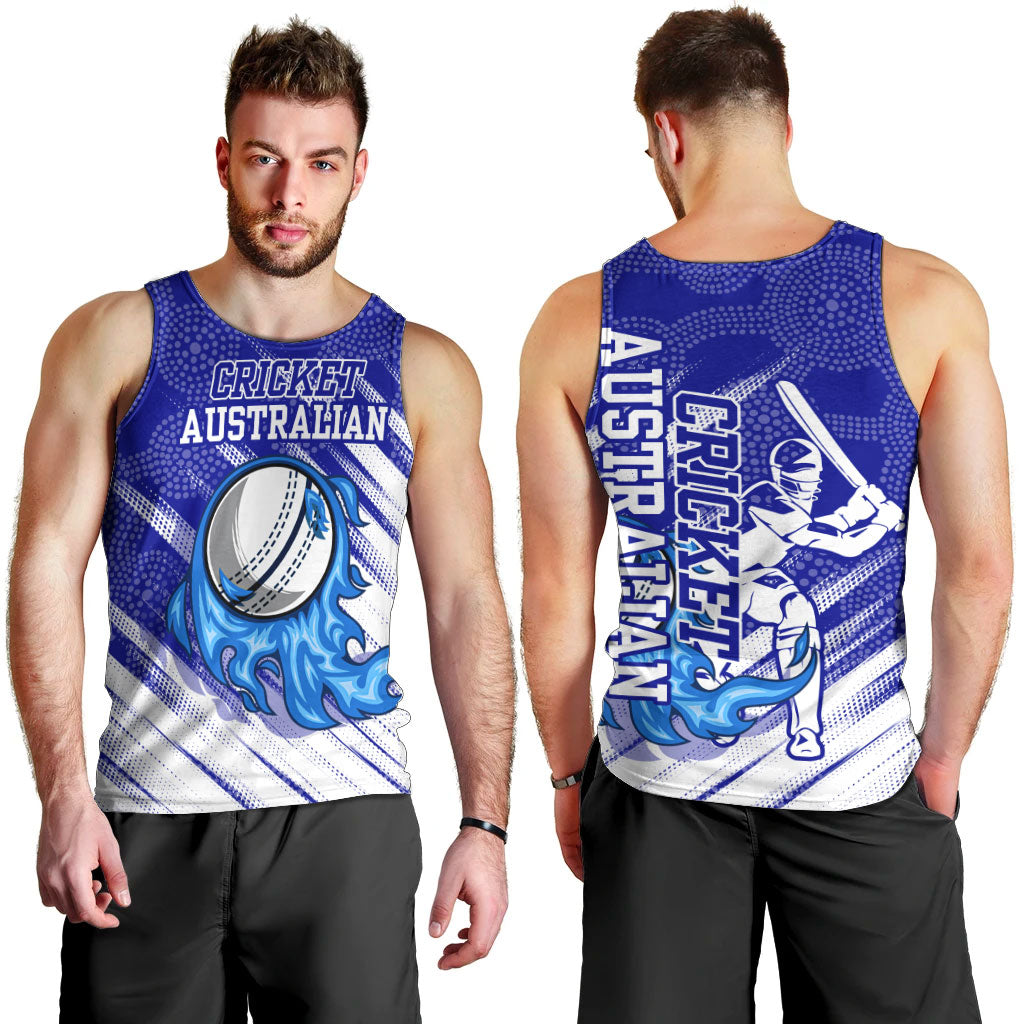 Cricket Australian Men Tank Top Blue Fire Ball Graphic With Aboriginal Dot Art Style