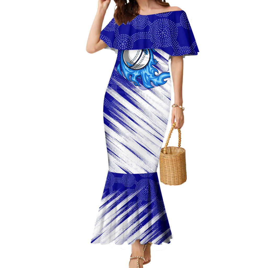 Cricket Australian Mermaid Dress Blue Fire Ball Graphic With Aboriginal Dot Art Style