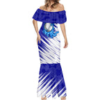 Cricket Australian Mermaid Dress Blue Fire Ball Graphic With Aboriginal Dot Art Style