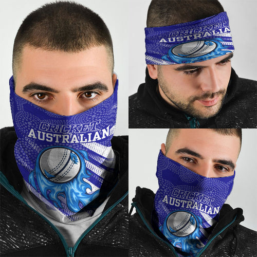 Cricket Australian Neck Gaiter Blue Fire Ball Graphic With Aboriginal Dot Art Style