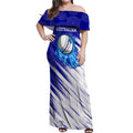 Cricket Australian Off Shoulder Maxi Dress Blue Fire Ball Graphic With Aboriginal Dot Art Style