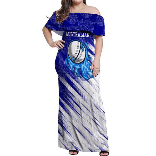 Cricket Australian Off Shoulder Maxi Dress Blue Fire Ball Graphic With Aboriginal Dot Art Style