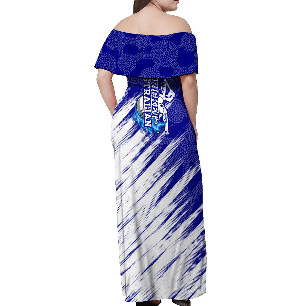 Cricket Australian Off Shoulder Maxi Dress Blue Fire Ball Graphic With Aboriginal Dot Art Style