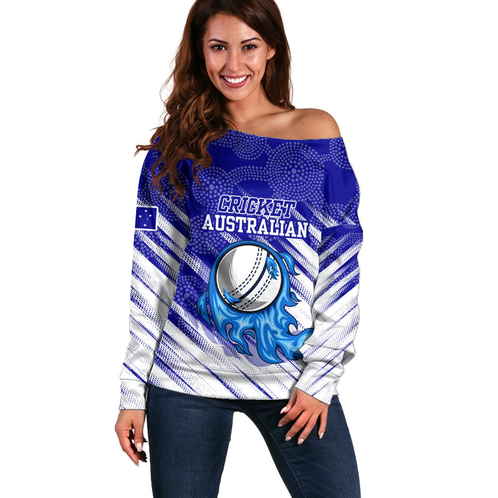 Cricket Australian Off Shoulder Sweater Blue Fire Ball Graphic With Aboriginal Dot Art Style