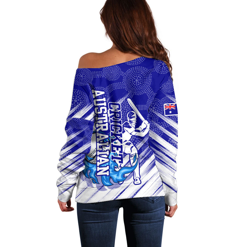 Cricket Australian Off Shoulder Sweater Blue Fire Ball Graphic With Aboriginal Dot Art Style