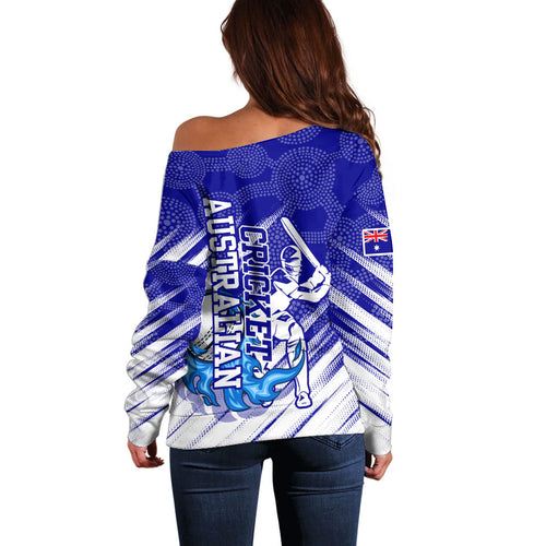 Cricket Australian Off Shoulder Sweater Blue Fire Ball Graphic With Aboriginal Dot Art Style