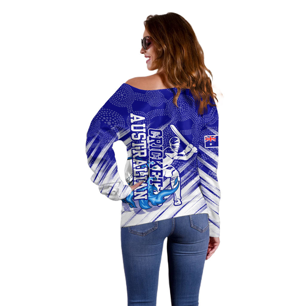Cricket Australian Off Shoulder Sweater Blue Fire Ball Graphic With Aboriginal Dot Art Style