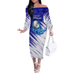 Cricket Australian Off The Shoulder Long Sleeve Dress Blue Fire Ball Graphic With Aboriginal Dot Art Style