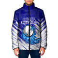 Cricket Australian Padded Jacket Blue Fire Ball Graphic With Aboriginal Dot Art Style