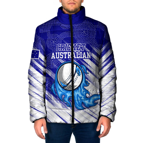 Cricket Australian Padded Jacket Blue Fire Ball Graphic With Aboriginal Dot Art Style