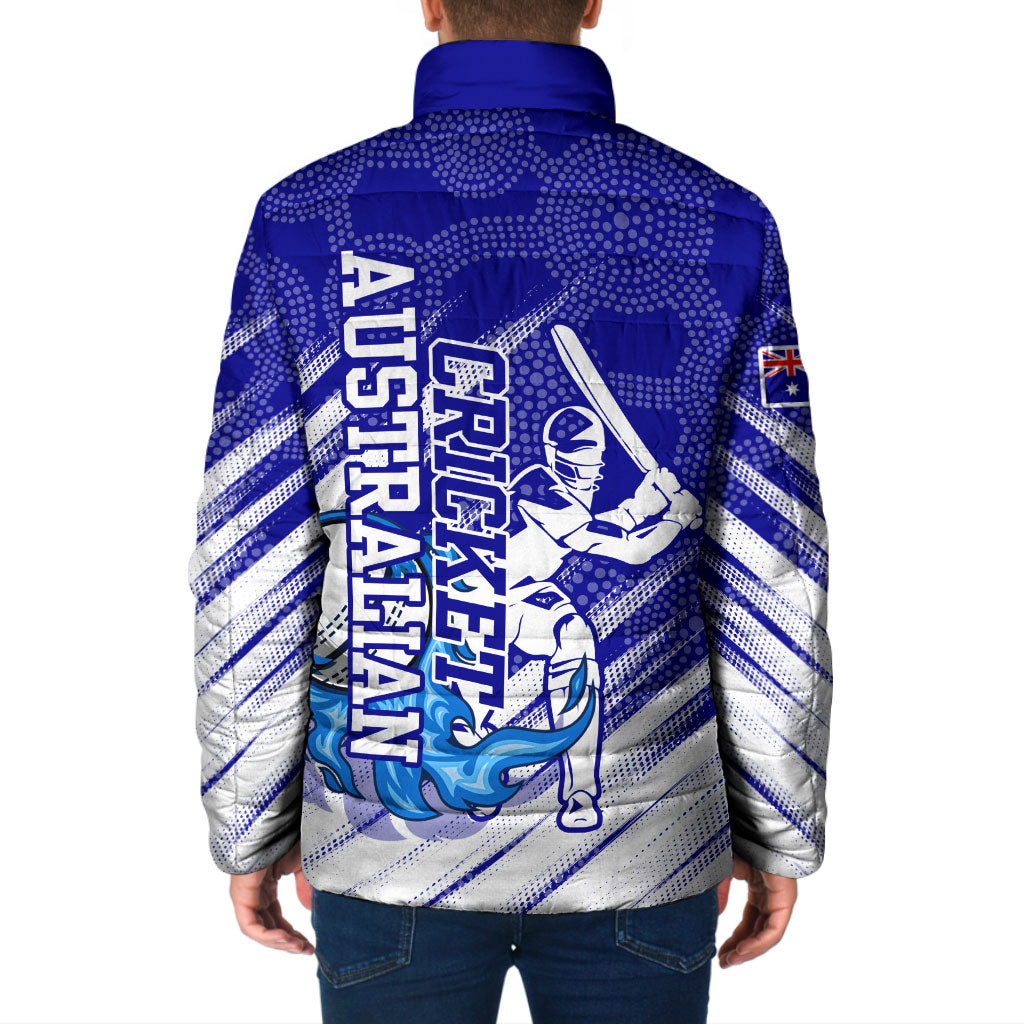 Cricket Australian Padded Jacket Blue Fire Ball Graphic With Aboriginal Dot Art Style