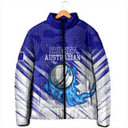 Cricket Australian Padded Jacket Blue Fire Ball Graphic With Aboriginal Dot Art Style
