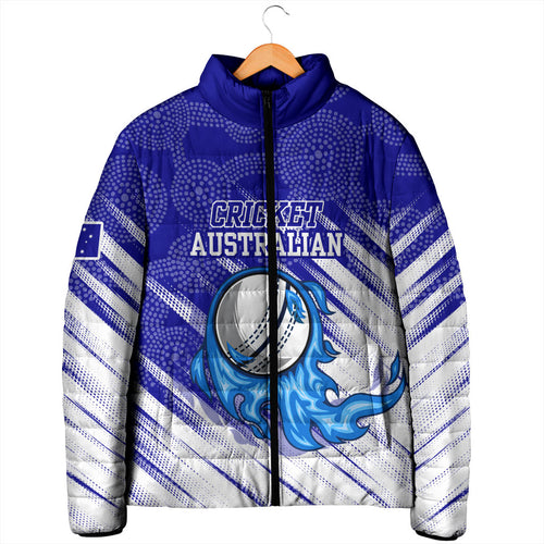 Cricket Australian Padded Jacket Blue Fire Ball Graphic With Aboriginal Dot Art Style