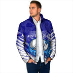 Cricket Australian Padded Jacket Blue Fire Ball Graphic With Aboriginal Dot Art Style
