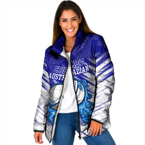 Cricket Australian Padded Jacket Blue Fire Ball Graphic With Aboriginal Dot Art Style
