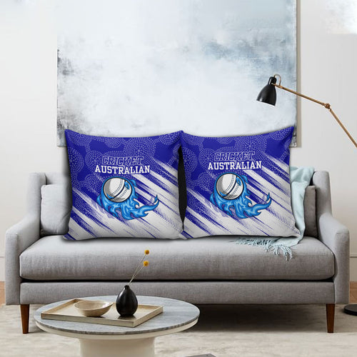 Cricket Australian Pillow Cover Blue Fire Ball Graphic With Aboriginal Dot Art Style