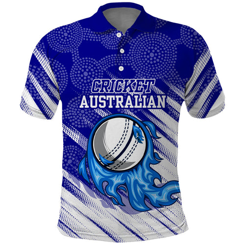 Cricket Australian Polo Shirt Blue Fire Ball Graphic With Aboriginal Dot Art Style