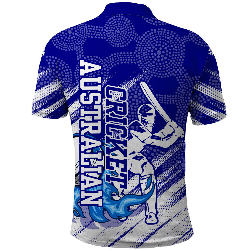 Cricket Australian Polo Shirt Blue Fire Ball Graphic With Aboriginal Dot Art Style