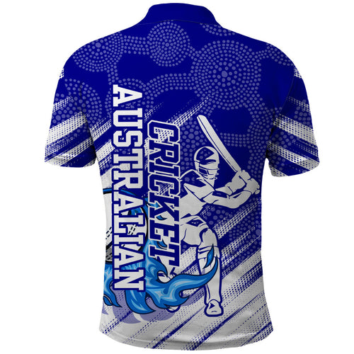 Cricket Australian Polo Shirt Blue Fire Ball Graphic With Aboriginal Dot Art Style
