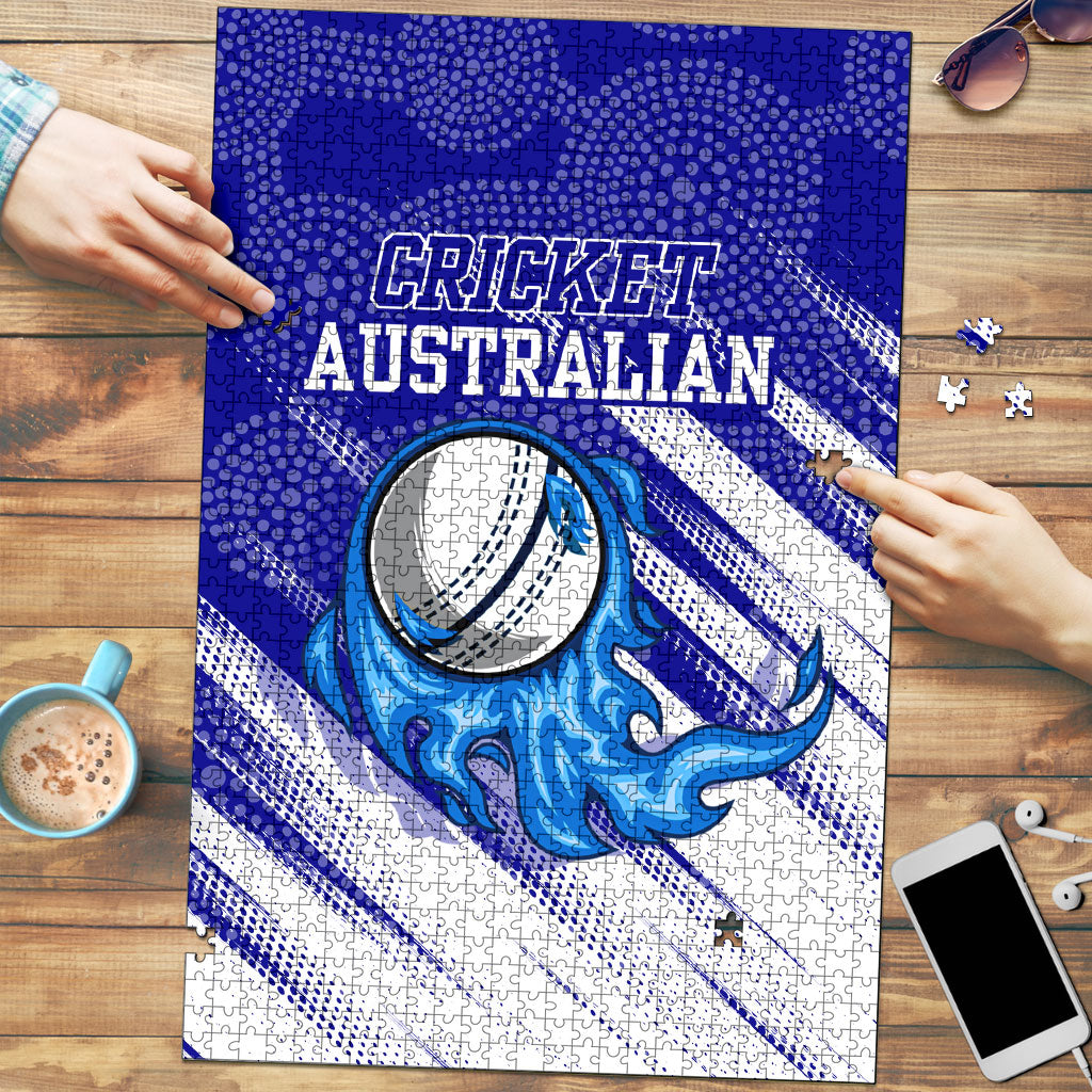 Cricket Australian Puzzle Blue Fire Ball Graphic With Aboriginal Dot Art Style