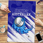 Cricket Australian Puzzle Blue Fire Ball Graphic With Aboriginal Dot Art Style